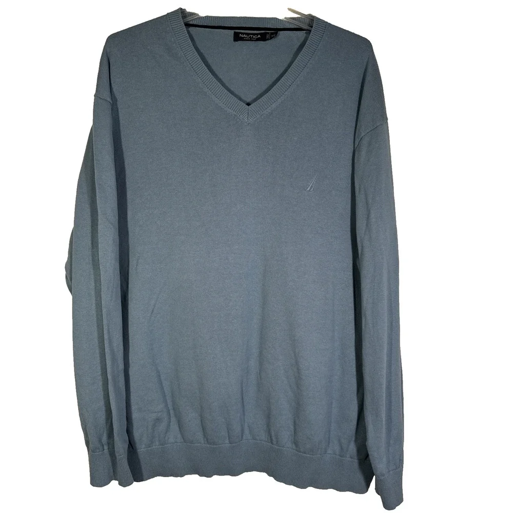 Nautica Mens Sweater XXL Light Sky Blue V-Neck Cotton Pullover Knit Casual 2XL